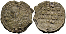 Byzantine Lead Seal
Theophylaktos (11th century, second half)
Obv: Bust of St. Theophylaktos wearing an omophorion, holding a book in his left hand ...