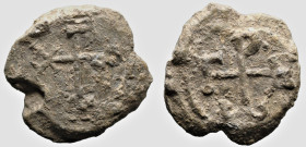 Byzantine Lead Seal
Gregory apo eparchon (6th-7th centuries)
Obv: Cruciform monogram. Wreath border.
γ - η - ι - ο - ρ - ω : Γρηγορίῳ
Rev: Crucifo...