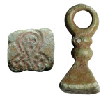 AE Byzantine stamp seal (7th-9th century AD).
Byzantine bronze stamp seal facing (?)
(5.38g 24.5mm diameter)
