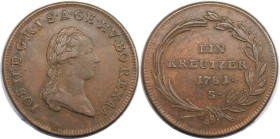 RDR – Habsburg – Österreich, RÖMISCH-DEUTSCHES REICH. Joseph II. (1765-1790). 1 Kreuzer 1781 S. Kupfer. Sehr schön+