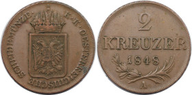 RDR – Habsburg – Österreich, RÖMISCH-DEUTSCHES REICH. Franz Joseph I. (1848-1916). 2 Kreuzer 1848 A. Kupfer. KM 2188. Vorzüglich