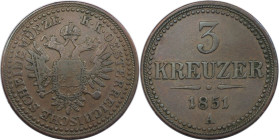 RDR – Habsburg – Österreich, RÖMISCH-DEUTSCHES REICH. Franz Joseph I. (1848-1916). 3 Kreuzer 1851 A, Wien. Kupfer. Fast Vorzüglich