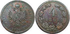 RDR – Habsburg – Österreich, RÖMISCH-DEUTSCHES REICH. Franz Joseph I. (1848-1916). 4 Kreuzer 1861 A, Wien. Kupfer. Vorzüglich