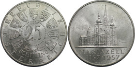 RDR – Habsburg – Österreich, REPUBLIK ÖSTERREICH. 800 Jahre Basilika Mariazell. 25 Schilling 1957. 13,0 g. 0.800 Silber. 0.33 OZ. KM 2883. Stempelglan...