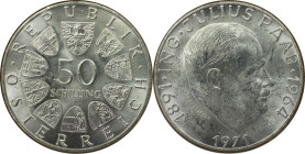 RDR – Habsburg – Österreich, REPUBLIK ÖSTERREICH. 80. Geburtstag von Julius Raab. 50 Schilling 1971. 20,0 g. 0.900 Silber. 0.58 OZ. KM 2911. Stempelgl...