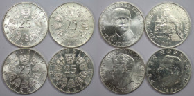 RDR – Habsburg – Österreich, Lots und Sammlungen. REPUBLIK ÖSTERREICH. 4 x 25 Schilling 1961, 1965, 1969, 1972. Lot von 4 Münzen. Silber. KM 2891, 289...