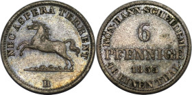 Altdeutsche Münzen und Medaillen, BRAUNSCHWEIG - CALENBERG - HANNOVER. George V. (1851-1866). 6 Pfennig 1855 B. KM 218. Stempelglanz. Feine Patina