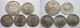 Deutsche Münzen und Medaillen ab 1871, REICHSKLEINMÜNZEN, Lots und Sammlungen. 1/2 Mark 1905 J (Ss). 1/2 Mark 1906 A (Vz). 1/2 Mark 1914 A (Vz). 1/2 M...