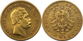 Deutsche Münzen und Medaillen ab 1871, REICHSGOLDMÜNZEN. Hessen. Ludwig III. (1848-1877). 10 Mark 1877 H. Gold. 3,91 g. Jaeger 216. Vorzüglich