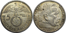 Deutsche Münzen und Medaillen ab 1871, 3. REICH 1933-1945. K.r. Paul v.Hindenburg. 5 Reichsmark 1937 A. Silber. KM 94, Jaeger 367. Fast Vorzüglich