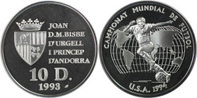 Europäische Münzen und Medaillen, Andorra. Fußball WM 1994 in USA. 10 Diners 1993. 31,47 g. 0.925 Silber. 0.94 OZ. KM 86. Polierte Platte