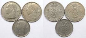Europäische Münzen und Medaillen, Belgien / Belgium, Lots und Sammlungen. 1 Franc 1952, 5 Francs 1960, 5 Francs 1967. Lot von 3 Münzen. Kupfer-Nickel....