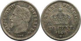 Europäische Münzen und Medaillen, Frankreich / France. Napoleon III. (1852-1870). 20 Centimes 1867 BB. Silber. KM 808.2. Sehr schön-vorzüglich