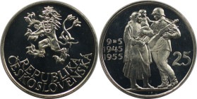 Europäische Münzen und Medaillen, Tschechoslowakei / Czechoslovakia. 10 Jahre Befreiung. 25 Kronen 1955. 16,0 g. 0.500 Silber. 0.26 OZ. KM 43. Poliert...