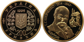 Europäische Münzen und Medaillen, Ukraine. "Taras Shevchenko". 200 Hryven 1996, 17.5 g. 0.900 Gold. 0.5 OZ. KM 37. Polierte Platte