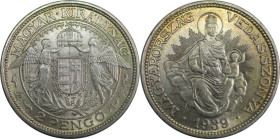 Europäische Münzen und Medaillen, Ungarn / Hungary. Madonna. 2 Pengö 1939. 10,0 g. 0.640 Silber. 0.21 OZ. KM 511. Stempelglanz. Patina