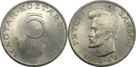 Europäische Münzen und Medaillen, Ungarn / Hungary. Sandor Petofi. 5 Forint 1948. 12,0 g. 0.500 Silber. 0.19 OZ. KM 537. Stempelglanz. Kl.Kratzer. Kl....