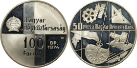 Europäische Münzen und Medaillen, Ungarn / Hungary. 50 Jahre Zentralbank - Magyar Nemzeti Bank. 100 Forint 1974, Silber. KM 603. Polierte Platte