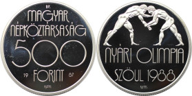 Europäische Münzen und Medaillen, Ungarn / Hungary. Olympische Spiele 1988 in Seoul - Ringen. 500 Forint 1987. 28,0 g. 0.900 Silber. 0.81 OZ. KM 660. ...