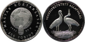 Europäische Münzen und Medaillen, Ungarn / Hungary. Naturschutz - Weißstörche. 200 Forint 1992. 10,0 g. 0.500 Silber. 0.16 OZ. KM 688. Polierte Platte...
