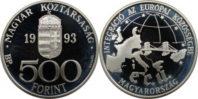 Europäische Münzen und Medaillen, Ungarn / Hungary. ntegration in die Europäische Union. 500 Forint 1993. 31,46 g. 0.925 Silber. 0.95 OZ. Polierte Pla...