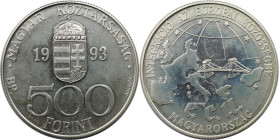 Europäische Münzen und Medaillen, Ungarn / Hungary. ECU - Europäische Integration. 500 Forint 1993, Silber. 0.94 OZ. KM 704. Polierte Platte