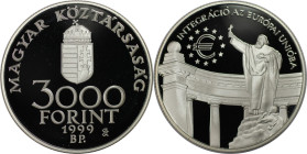 Europäische Münzen und Medaillen, Ungarn / Hungary. Europäische Union. 3000 Forint 1999. 31,46 g. 0.925 Silber. 0.94 OZ. KM 735. Polierte Platte
