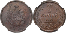 Russische Münzen und Medaillen, Alexander I. (1801-1825). 2 Kopeken 1814 KM AM. Kupfer. NGC UNC Details ENVIRONMENTAL DAMAGE