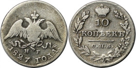Russische Münzen und Medaillen, Nikolaus I. (1826-1855), Silber. 10 Kopeken 1827 SPB NG. Silber. Bitkin 144. Fast sehr schön
