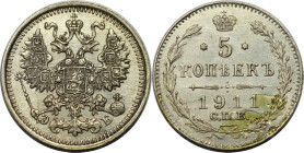 Russische Münzen und Medaillen, Nikolaus II. (1894-1918). 5 Kopeken 1911 SPB EB. Silber. Bitkin 187. Fast Stempelglanz
