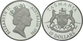 Weltmünzen und Medaillen, Australien / Australia. "Tasmania". 10 Dollars 1991. 20,0 g. 0.925 Silber. 0.59 OZ. KM 153. Polierte Platte