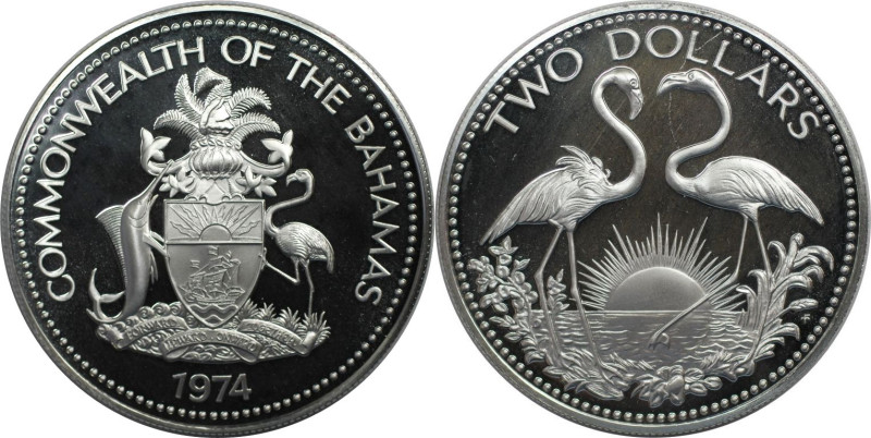 Weltmünzen und Medaillen, Bahamas. Flamingos. 2 Dollars 1974. 29,80 g. 0.925 Sil...