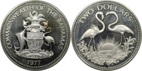 Weltmünzen und Medaillen, Bahamas. Flamingos. 2 Dollars 1977. 29,80 g. 0.925 Silber. 0.89 OZ. KM 66a. Polierte Platte