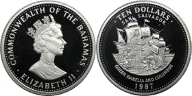 Weltmünzen und Medaillen, Bahamas. Columbus und Isabella, Seefahrt. 10 Dollars 1987. 28,28 g. 0.925 Silber. 0.84 OZ. KM 120. Polierte Platte