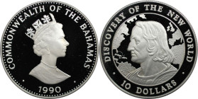 Weltmünzen und Medaillen, Bahamas. Kolumbus. 10 Dollars 1990. 28,28 g. 0.925 Silber. 0.84 OZ. KM 133. Polierte Platte