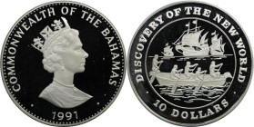 Weltmünzen und Medaillen, Bahamas. 500. Jahrestag der Entdeckung Amerikas. 10 Dollars 1991. 28,28 g. 0.925 Silber. 0.84 OZ. KM 196. Polierte Platte