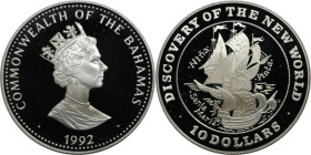 Weltmünzen und Medaillen, Bahamas. Segelschiff. 10 Dollars 1992. 28,28 g. 0.925 Silber. 0.84 OZ. KM 197. Polierte Platte