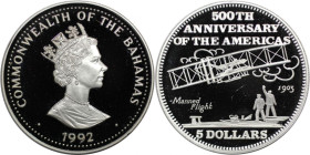 Weltmünzen und Medaillen, Bahamas. 500. Jahrestag des ersten Fluges der Americas-Wright Brüder. 5 Dollars 1992. 19,44 g. 0.925 Silber. 0.58 OZ. KM 147...