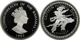 Weltmünzen und Medaillen, Bahamas. Berühmte Piraten - Howell Davis. 5 Dollars 1993. 23,33 g. 0.925 Silber. 0.69 OZ. KM 159. Polierte Platte
