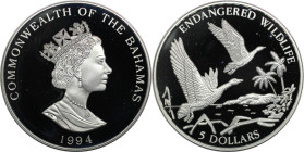 Weltmünzen und Medaillen, Bahamas. Endangered Wildlife - Black-billed pfeifende Ente. 5 Dollars 1994. 31,10 g. 0.999 Silber. 1.0 OZ. KM 172. Polierte ...