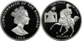 Weltmünzen und Medaillen, Bahamas. Juan Ponce De Leon. 5 Dollars 1994. 31,47 g. 0.925 Silber. 0.94 OZ. KM 173. Polierte Platte