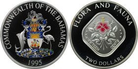Weltmünzen und Medaillen, Bahamas. Farbmünze. Hibiskus. 2 Dollars 1995. 30,08 g. 0.999 Silber. 1 OZ. KM 164. Polierte Platte