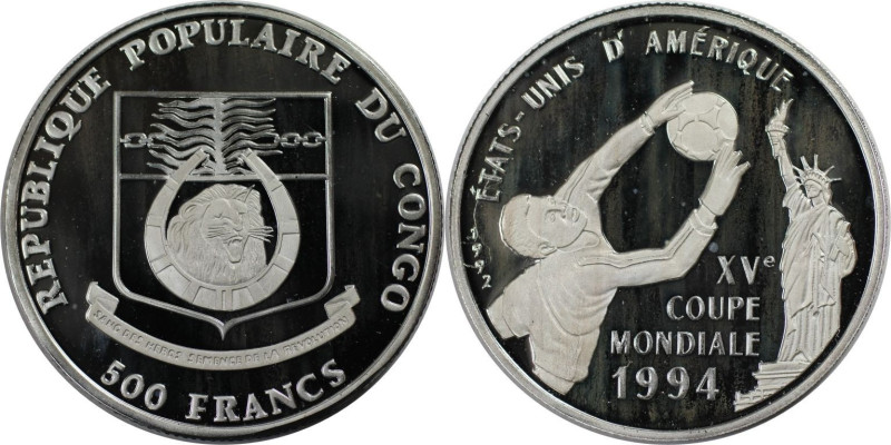 Weltmünzen und Medaillen, Kongo / Congo. WM-Fußball. 500 Francs 1992. 20,0 g. 0....