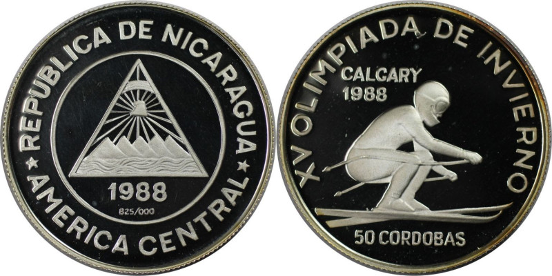 Weltmünzen und Medaillen, Nicaragua. 15. Olympische Winterspiele 1988 in Calgary...