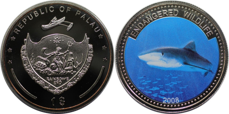 Weltmünzen und Medaillen, Palau. Gefährdete Tierwelt - Blauhai. 1 Dollar 2008. K...