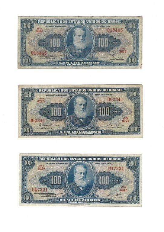Banknoten, Brasilien / Brazil, Lots und Sammlungen. 3 x 100 Cruzeiros ND (1955-5...