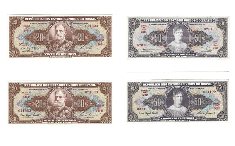 Banknoten, Brasilien / Brazil, Lots und Sammlungen. 2 x 20 Cruzeiros ND (1960) S...