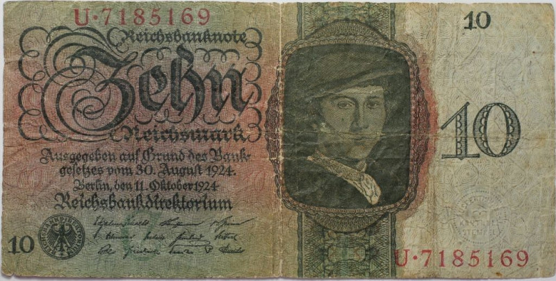 Banknoten, Deutschland / Germany. Reichsbank (1924-1945) Germany Note. 10 Reichs...