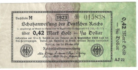 Banknoten, Deutschland / Germany. Deutsches Reich, Weimarer Republik. 0,42 Mark Gold = 1/10 Dollar 1923. Ro.142a. Schatzanweisung. III