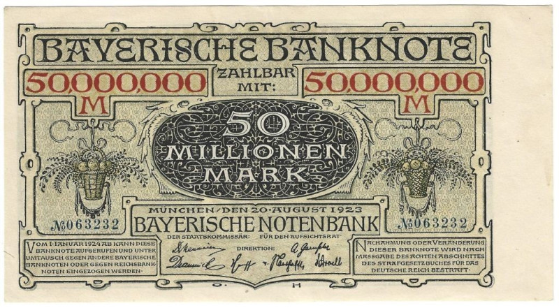 Banknoten, Deutschland / Germany. Bayern - Bayerische Notenbank. 50 Millionen Ma...